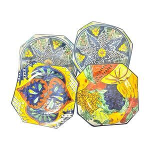 Vintage Onofre Talavera Mexican 4 Octagon Decorative Hanging Dinner Plates 10”